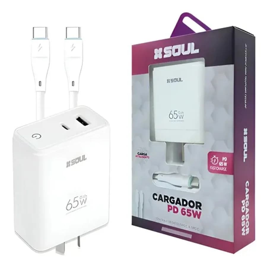 Cargador Viajero FC PDx2+USB 65W GaN c/Cable Type-C a Type-C